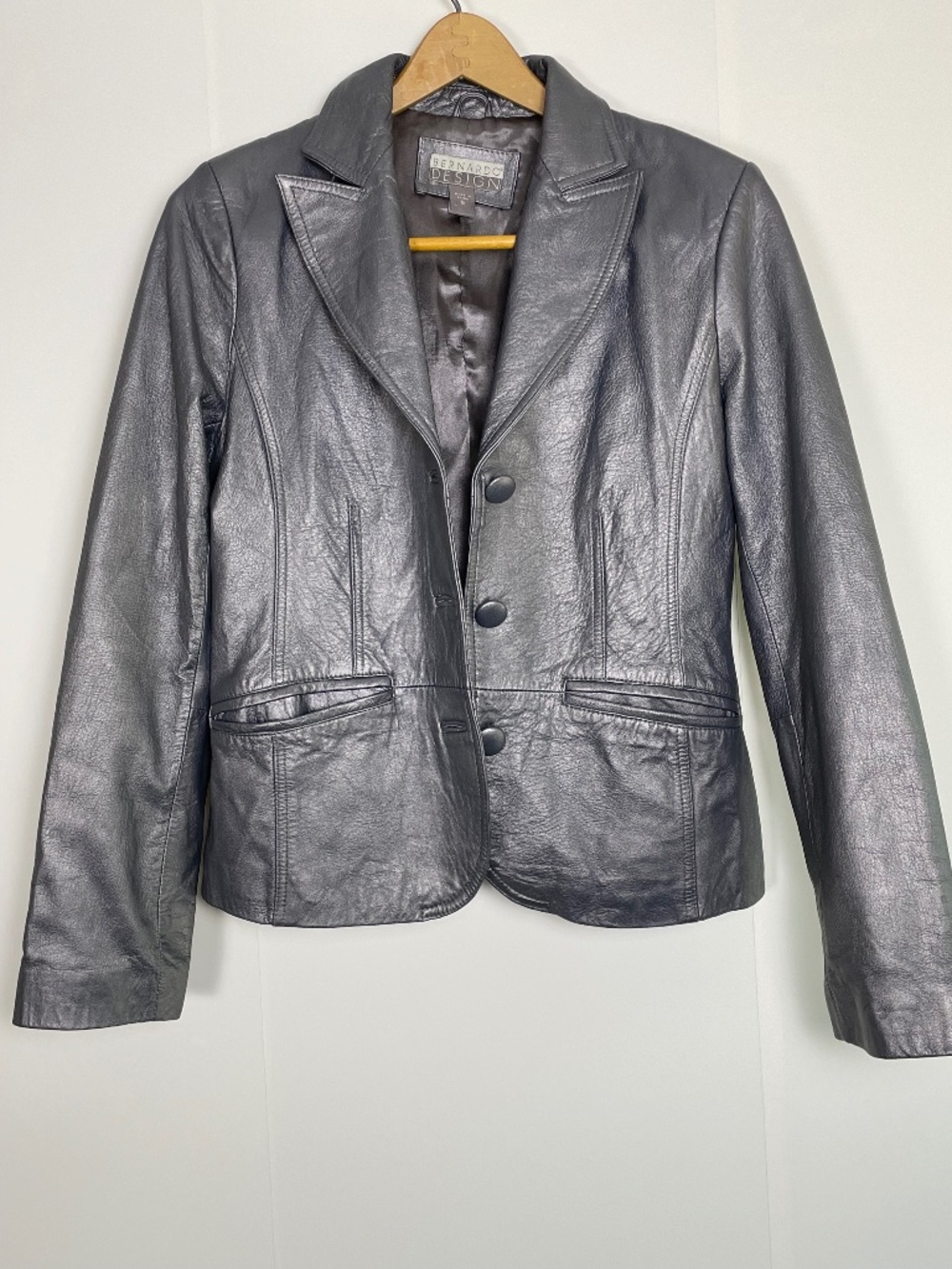 VTG BERNARDO Metallic Silver Gunmetal Genuine Leather Blazer Jacket 90s Y2K - S